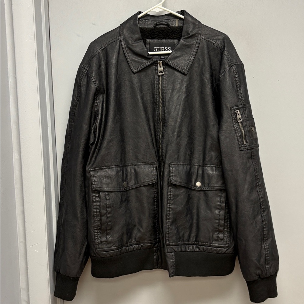 GUESS Black Faux Leather Bomber Jacket Size XXL